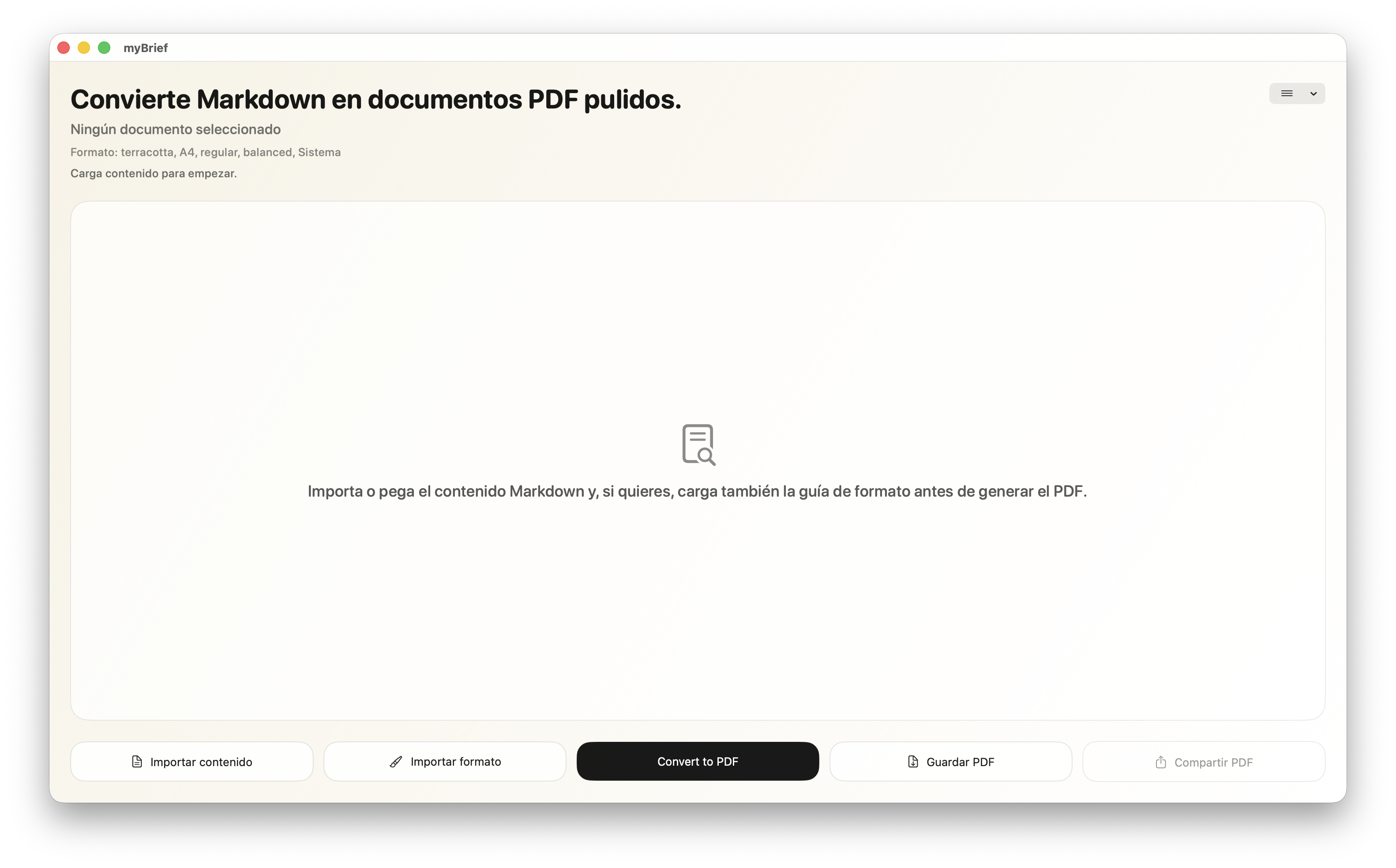 Captura de myBrief con un documento Markdown limpio dentro de la interfaz