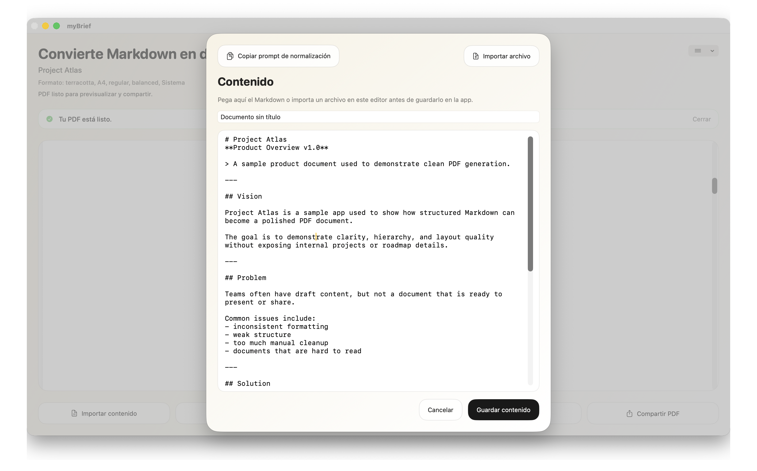 Captura de myBrief con contenido Markdown importado en la app para macOS