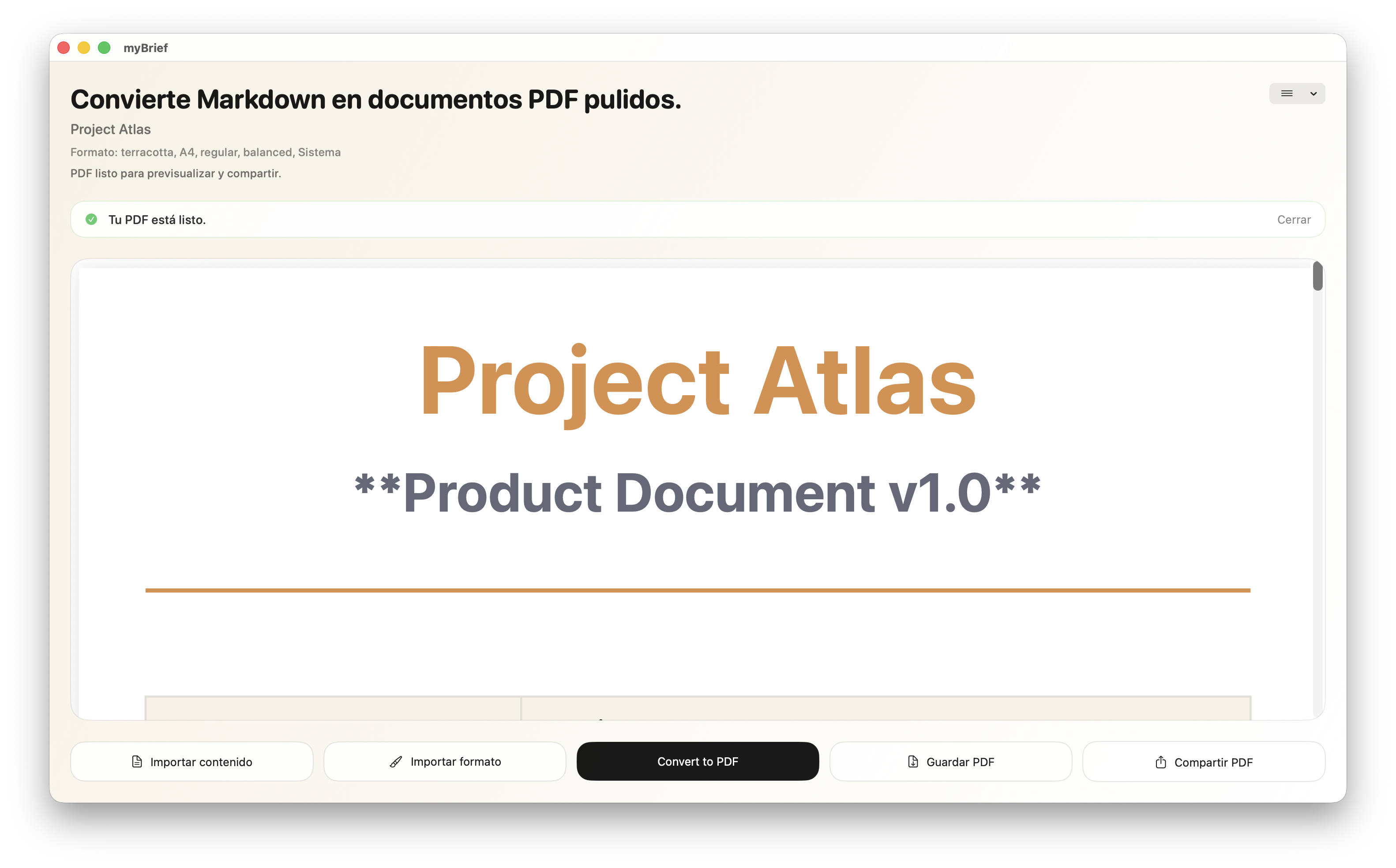 Captura de myBrief mostrando el preview del PDF pulido antes de exportar