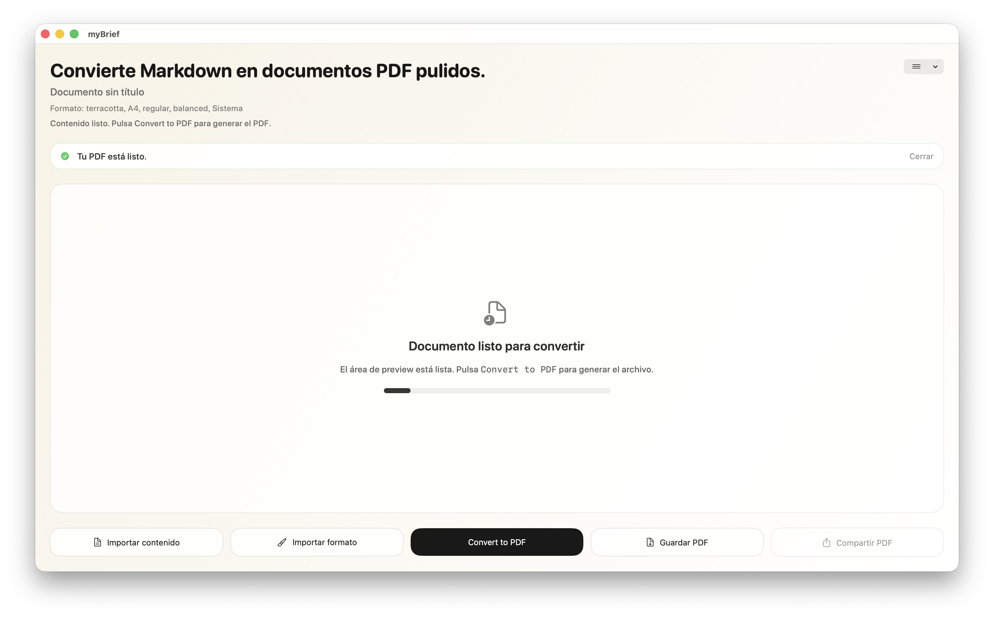 Captura de myBrief preparando el documento antes de convertirlo en PDF