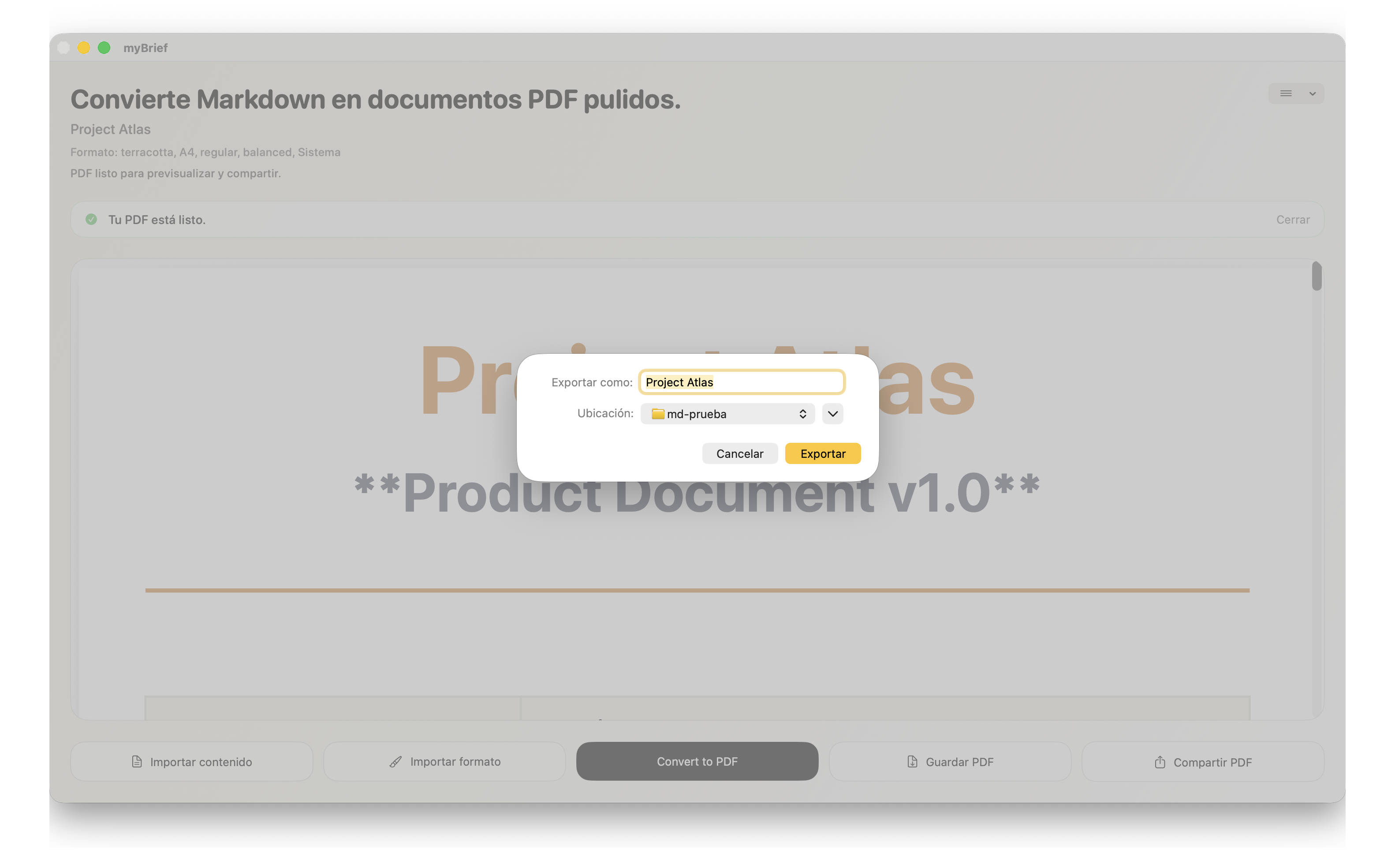 Captura de myBrief guardando el PDF generado
