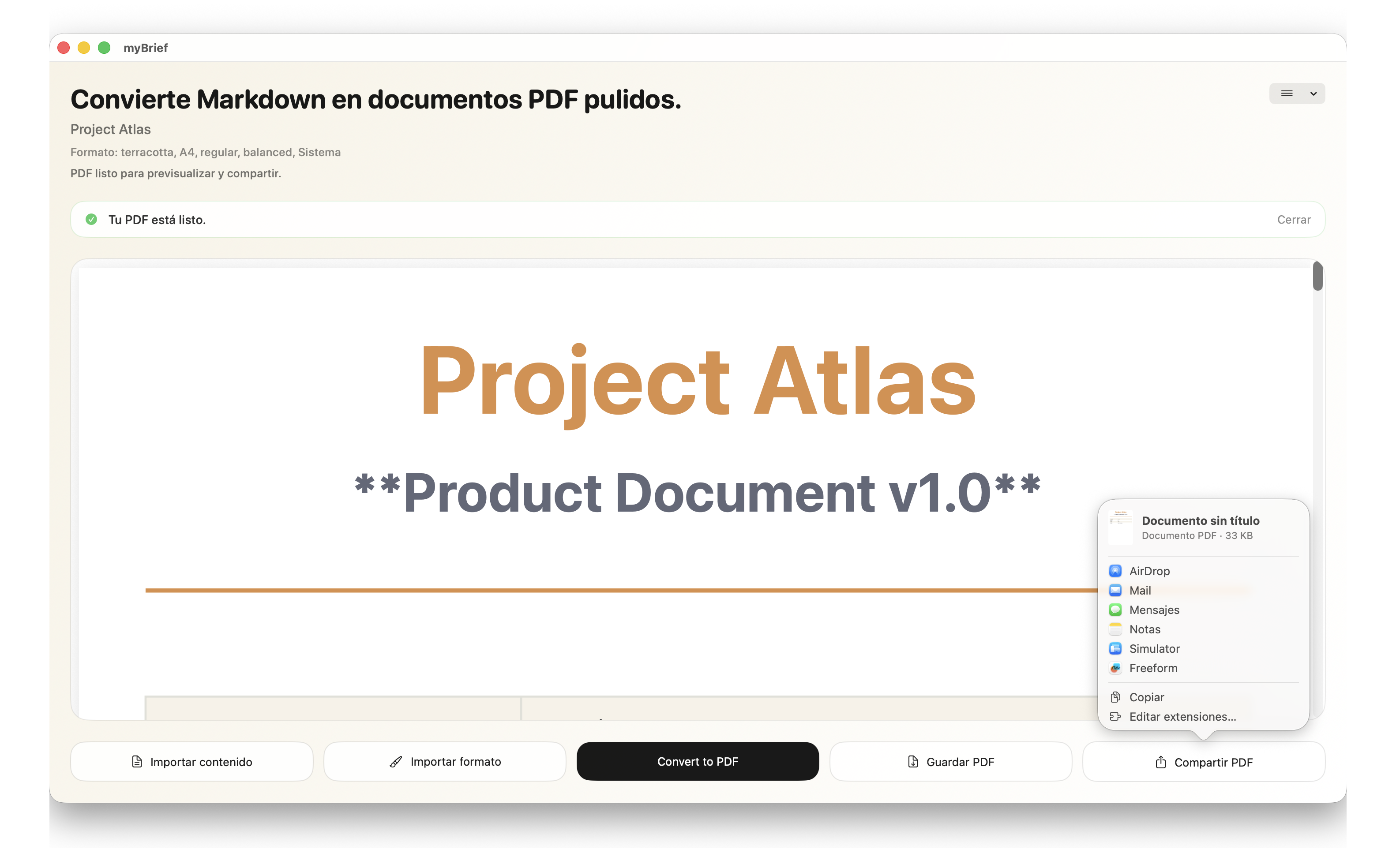 Captura de myBrief compartiendo el PDF final desde la app
